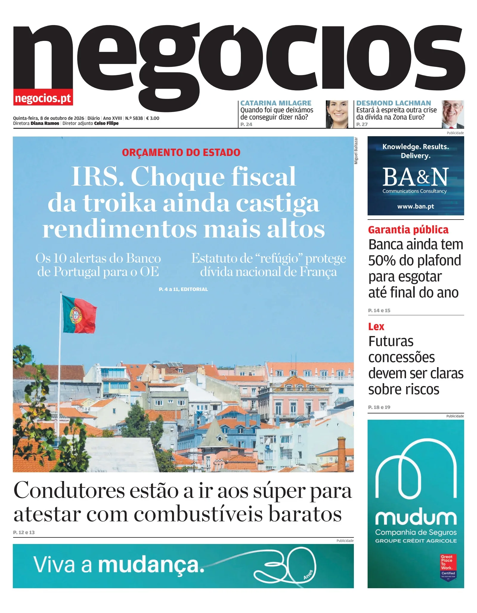 Capa do Jornal de Negócios de quinta-feira, 8 de outubro de 2026
