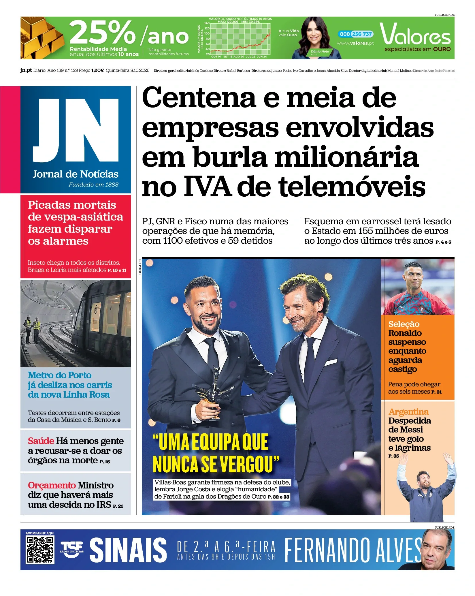 Capa do Jornal de Notícias de quinta-feira, 8 de outubro de 2026