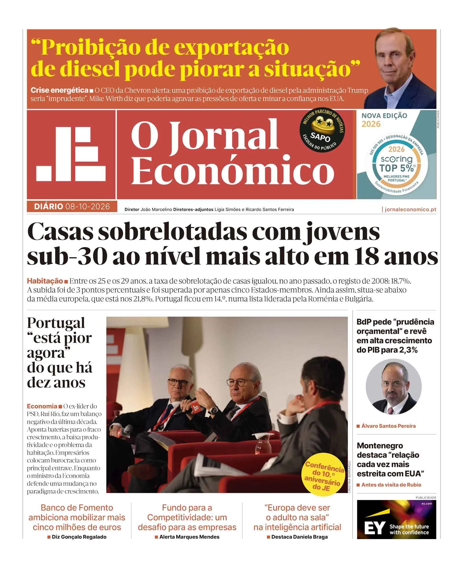 Capa do Jornal Económico de quinta-feira, 8 de outubro de 2026