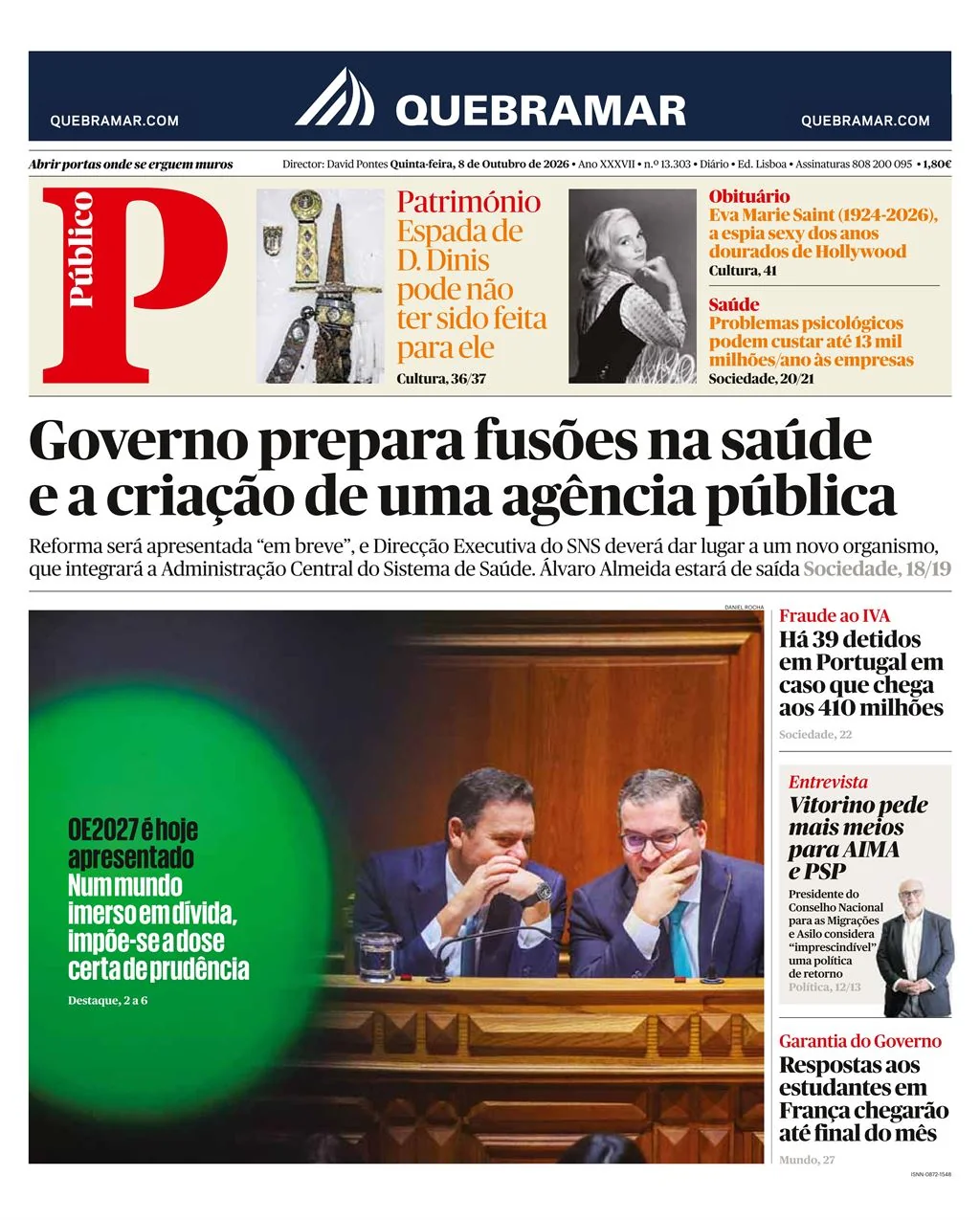 Capa do Público de quinta-feira, 8 de outubro de 2026