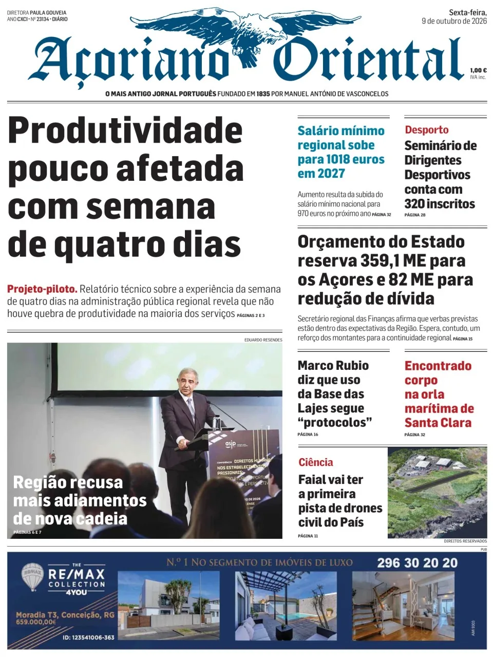 Capa do Açoriano Oriental de sexta-feira, 9 de outubro de 2026