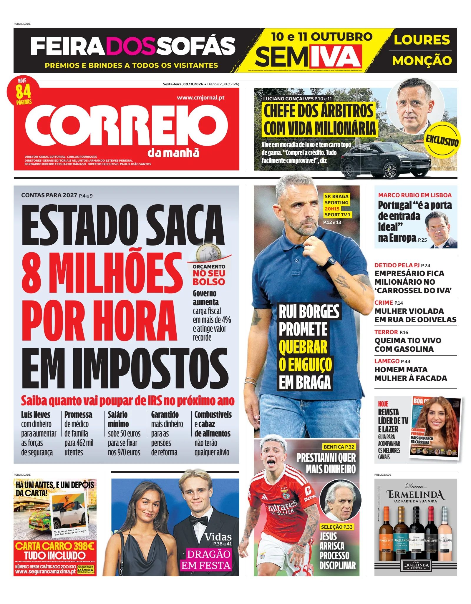 Capa do Correio da Manhã de sexta-feira, 9 de outubro de 2026