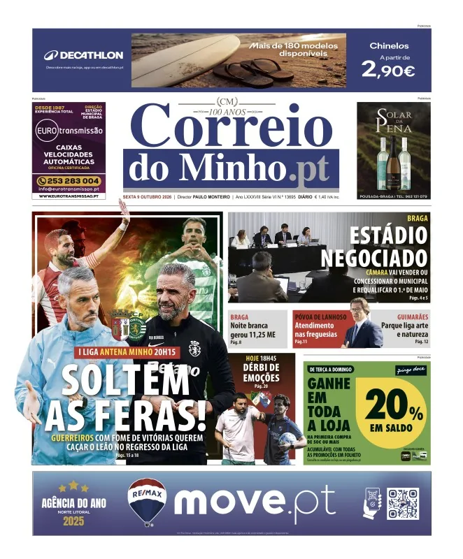 Capa do Correio do Minho de sexta-feira, 9 de outubro de 2026