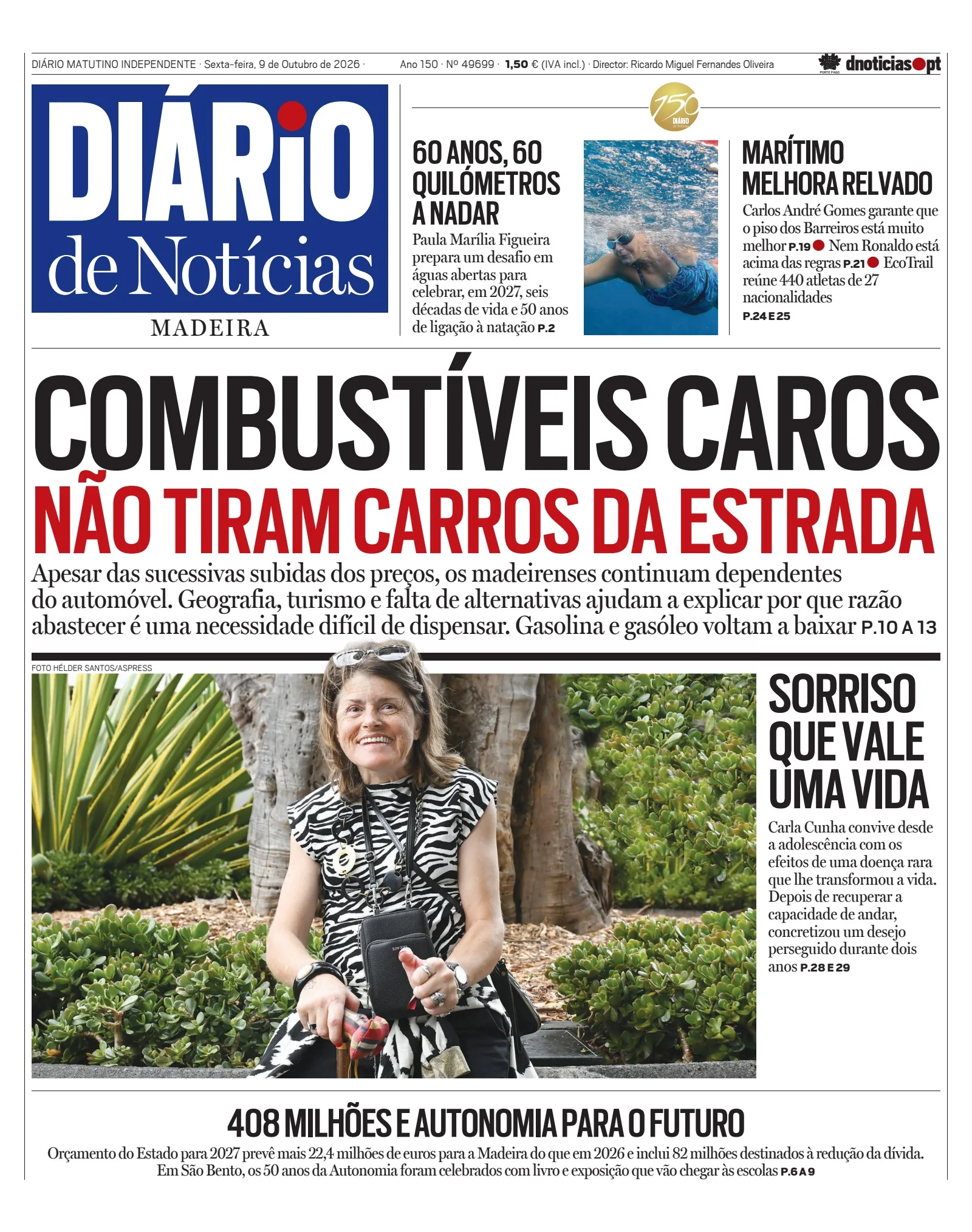 Capa do Diário de Notícias da Madeira de sexta-feira, 9 de outubro de 2026
