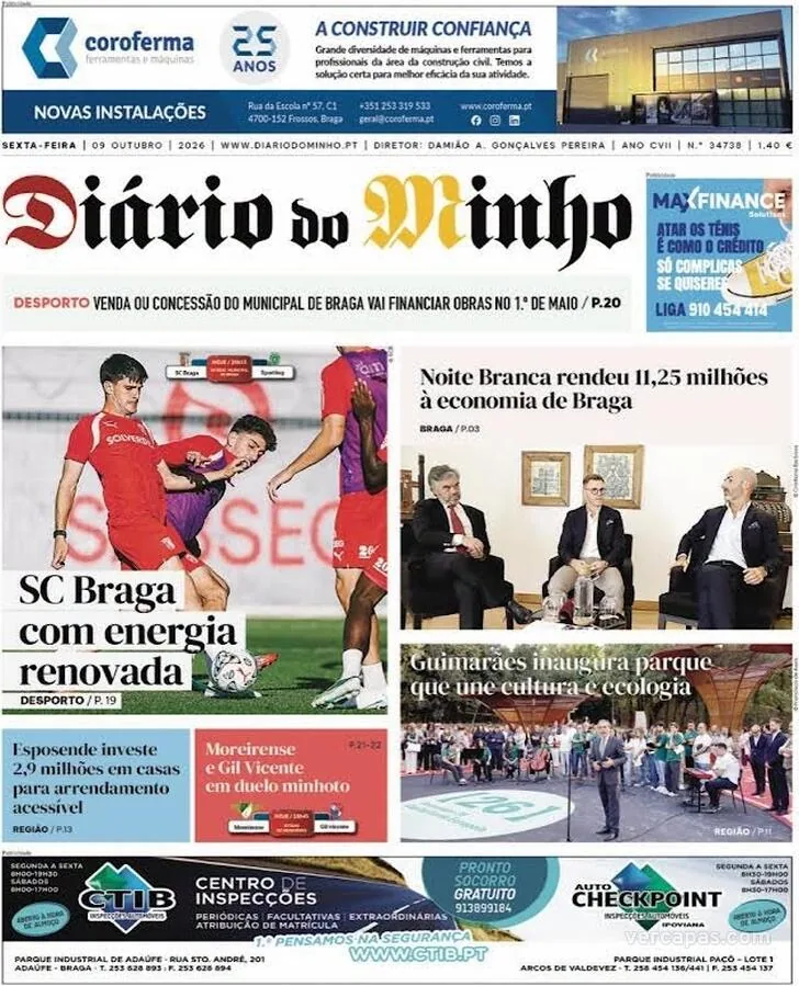 Capa do Diário do Minho de sexta-feira, 9 de outubro de 2026