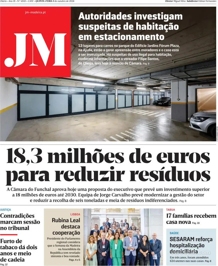 Capa do Jornal da Madeira de sexta-feira, 9 de outubro de 2026