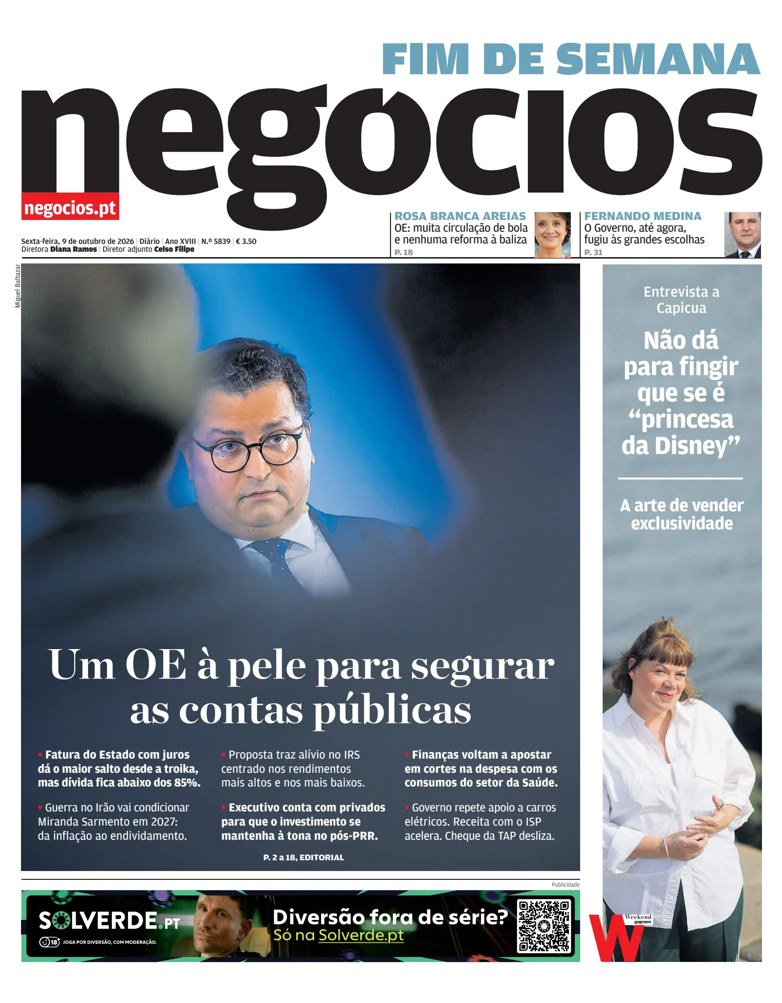 Capa do Jornal de Negócios de sexta-feira, 9 de outubro de 2026