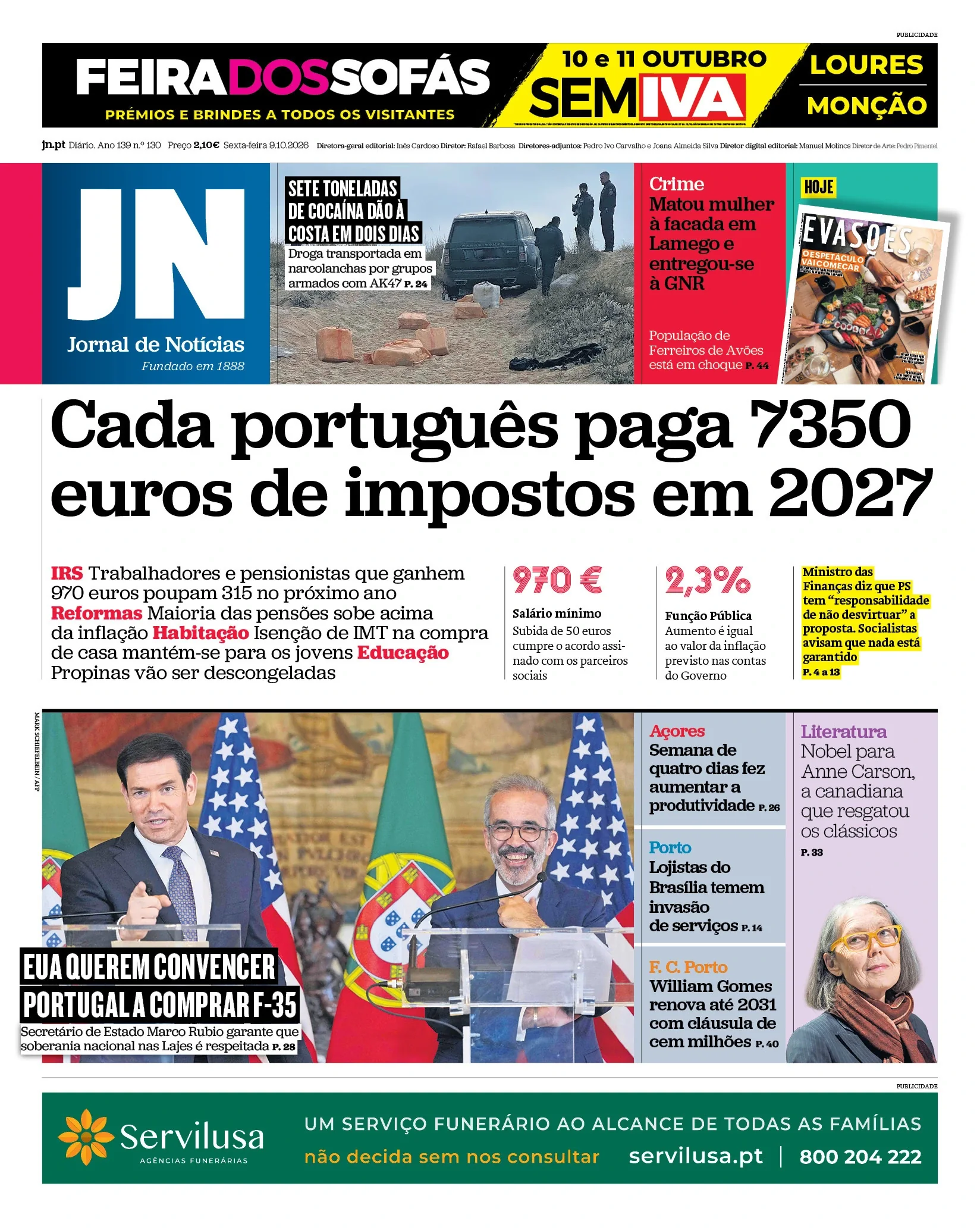Capa do Jornal de Notícias de sexta-feira, 9 de outubro de 2026