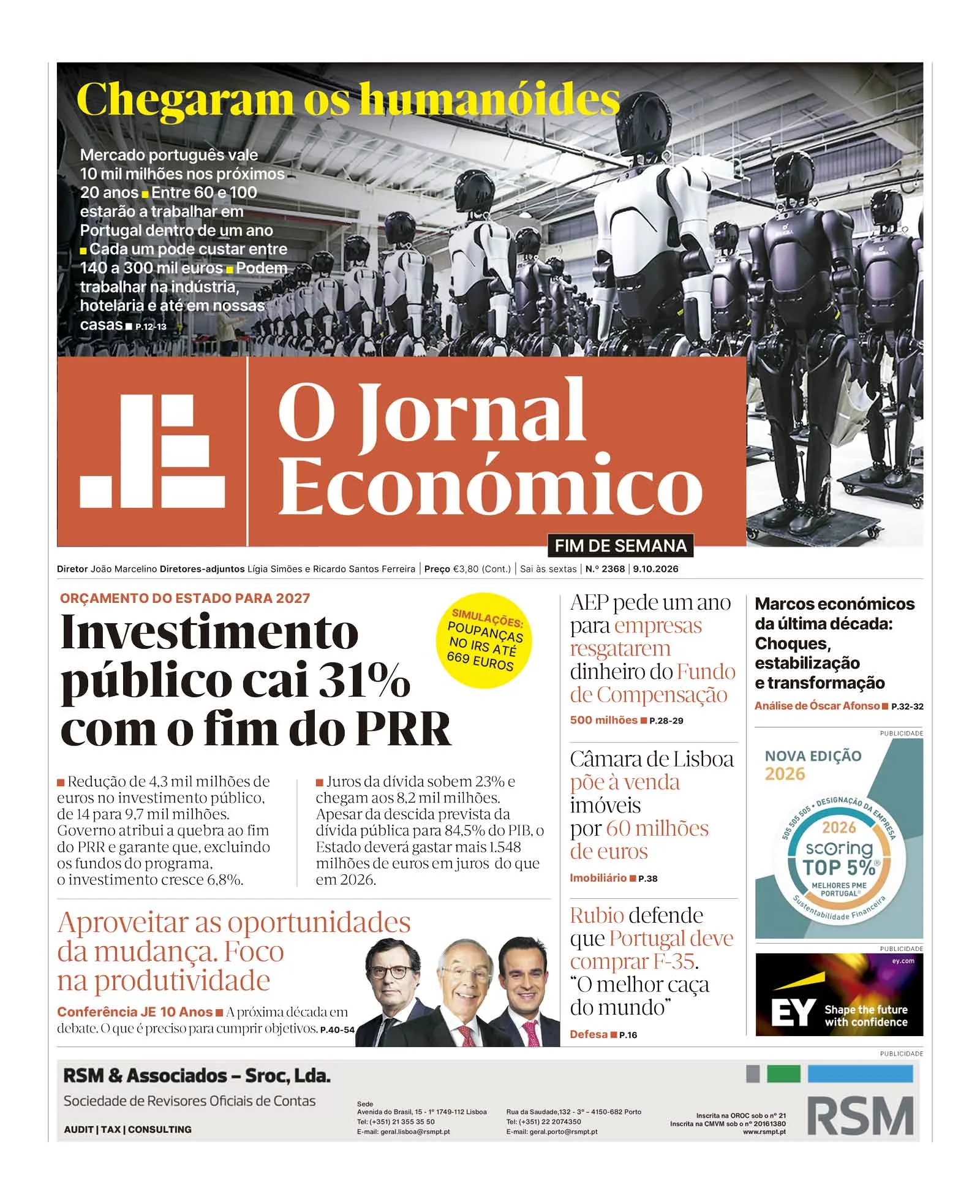 Capa do Jornal Económico de sexta-feira, 9 de outubro de 2026