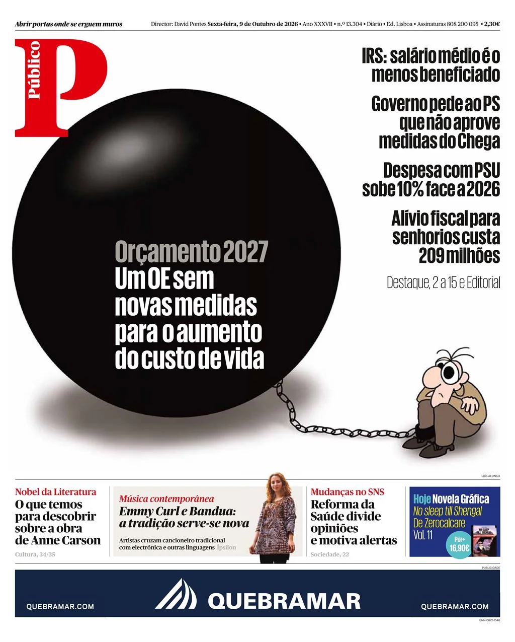 Capa do Público de sexta-feira, 9 de outubro de 2026