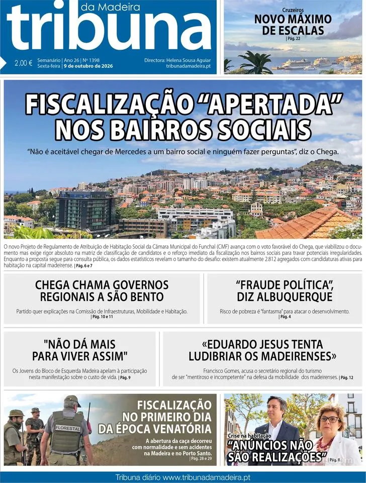 Capa do Tribuna da Madeira de sexta-feira, 9 de outubro de 2026