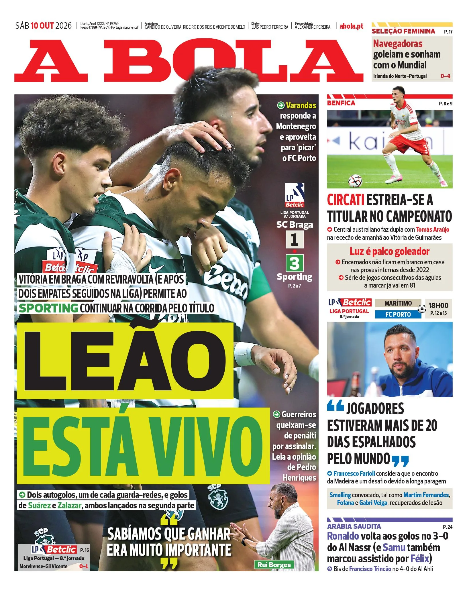 Capa do A Bola de sábado, 10 de outubro de 2026