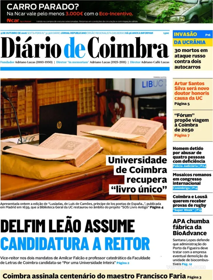 Capa do Diário de Coimbra de sábado, 10 de outubro de 2026