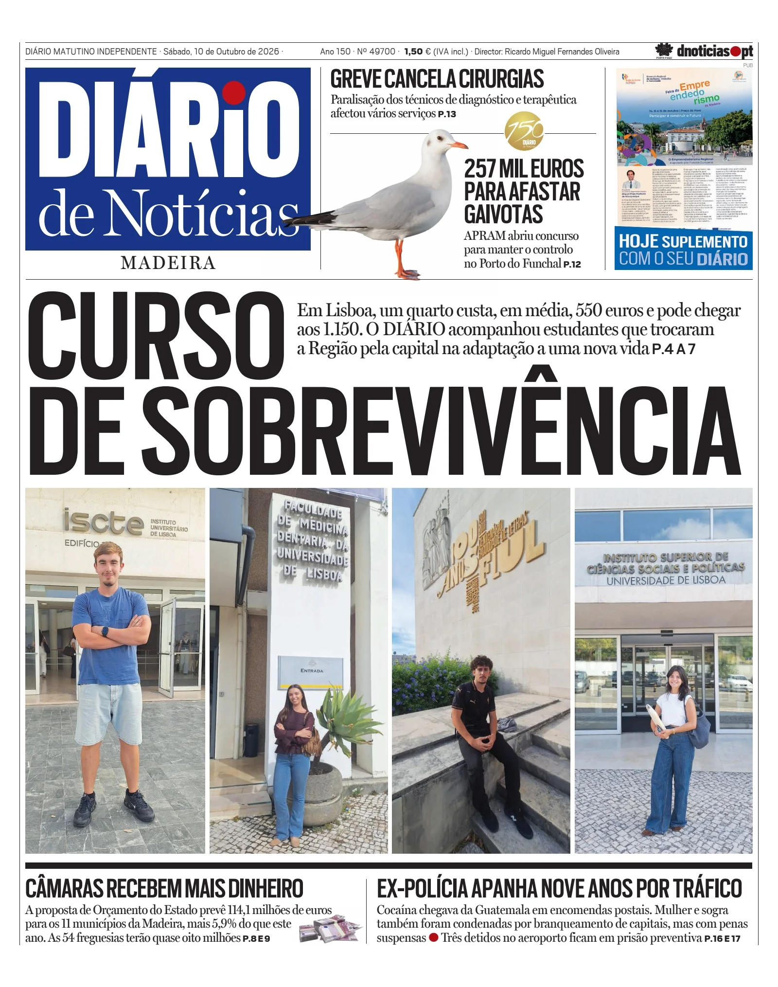Capa do Diário de Notícias da Madeira de sábado, 10 de outubro de 2026
