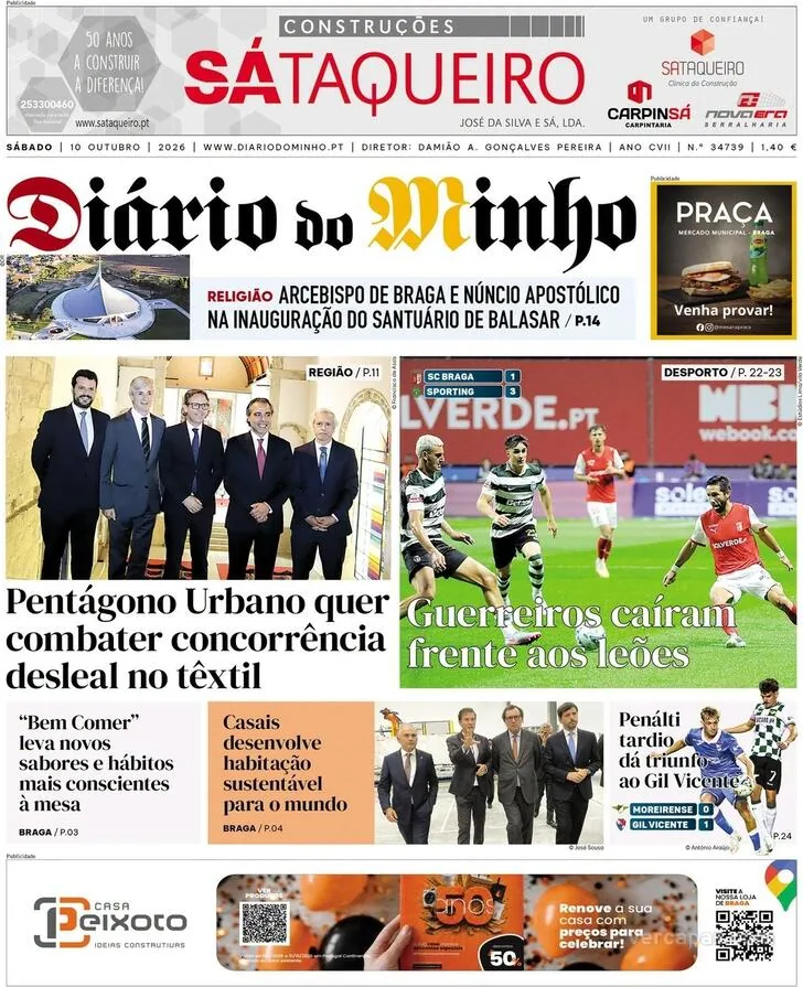 Capa do Diário do Minho de sábado, 10 de outubro de 2026