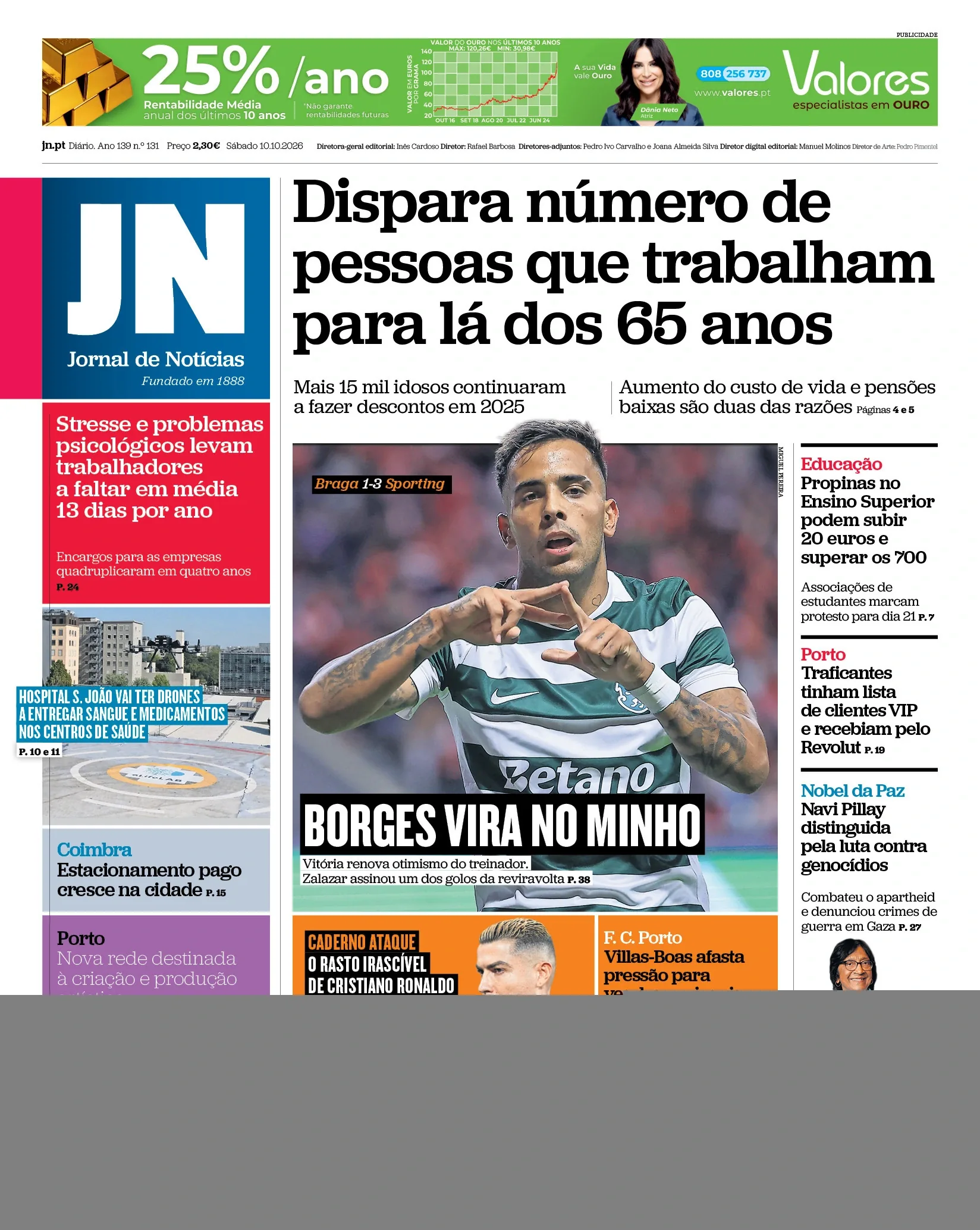 Capa do Jornal de Notícias de sábado, 10 de outubro de 2026