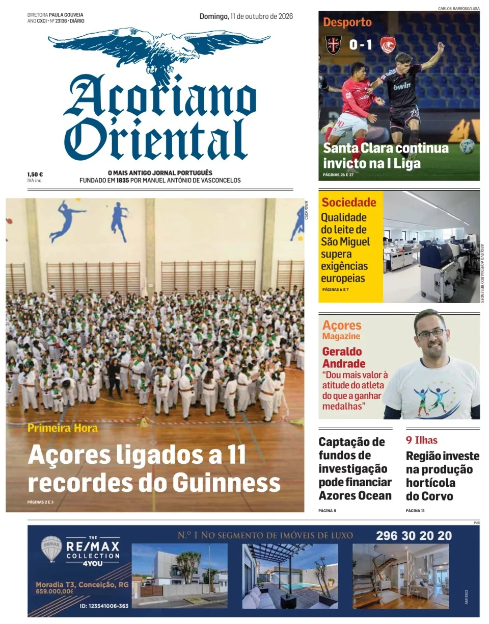 Capa do Açoriano Oriental de domingo, 11 de outubro de 2026