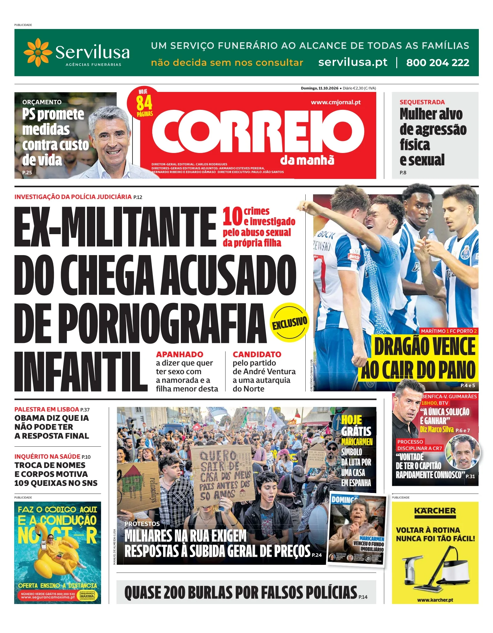 Capa do Correio da Manhã de domingo, 11 de outubro de 2026