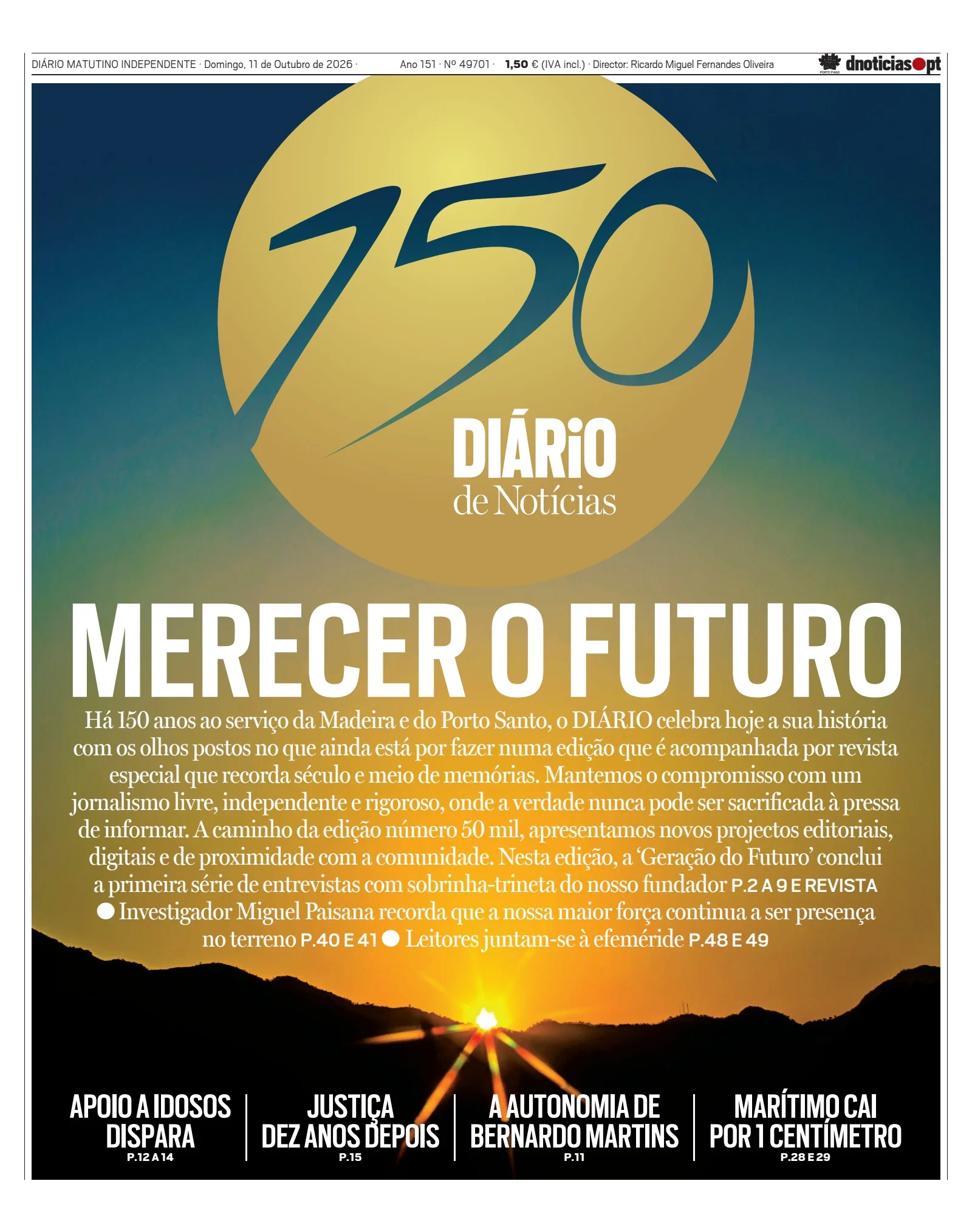 Capa do Diário de Notícias da Madeira de domingo, 11 de outubro de 2026