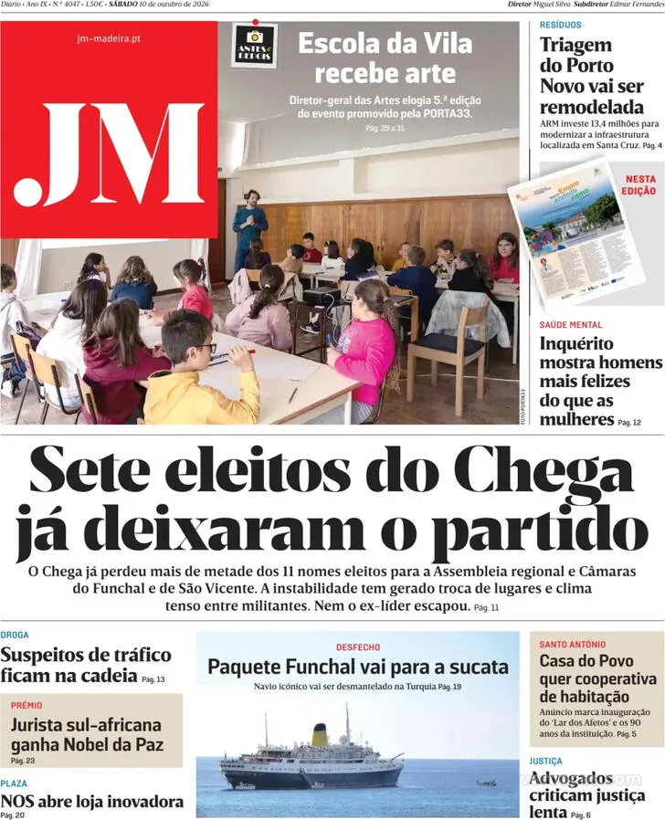 Capa do Jornal da Madeira de domingo, 11 de outubro de 2026