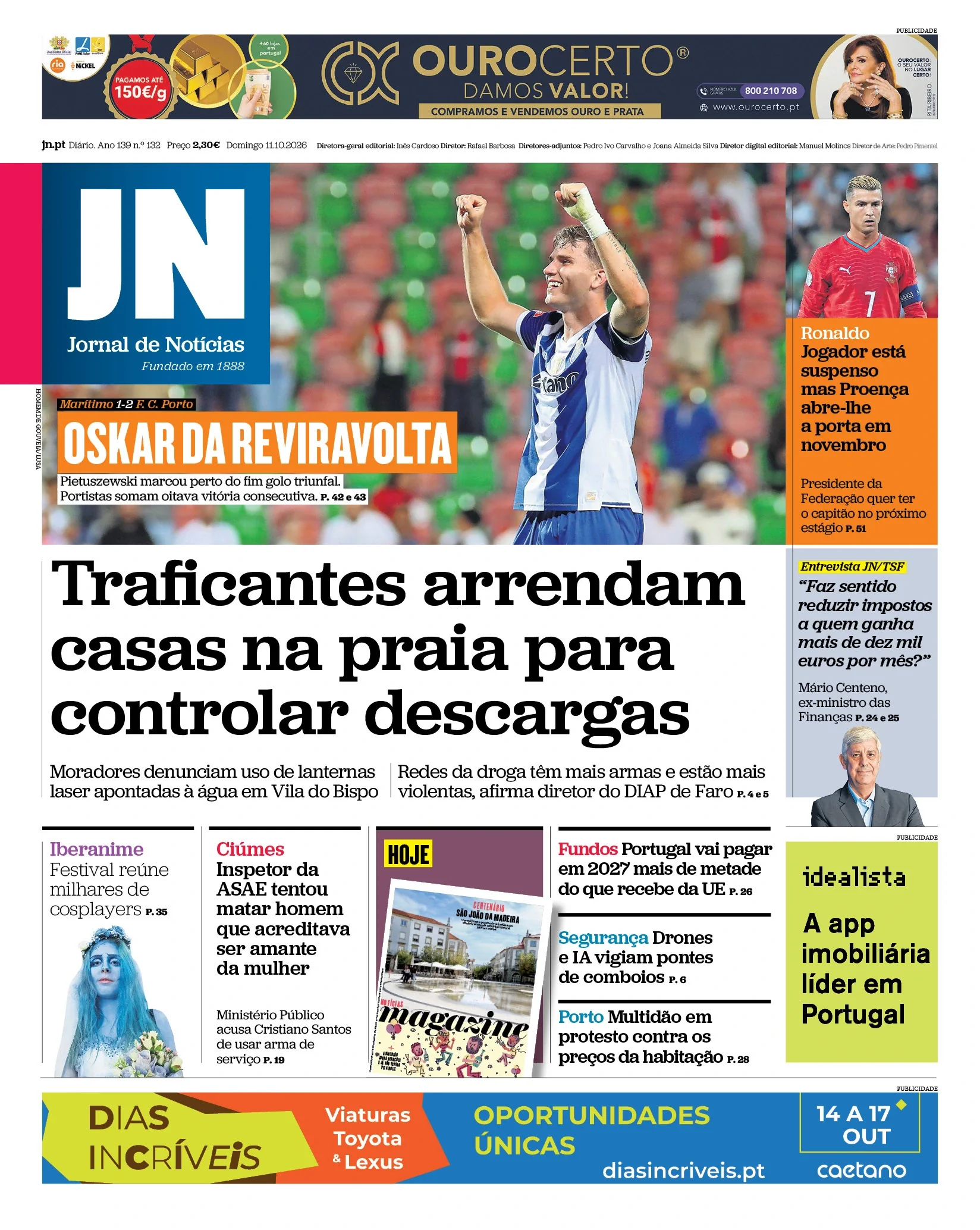 Capa do Jornal de Notícias de domingo, 11 de outubro de 2026