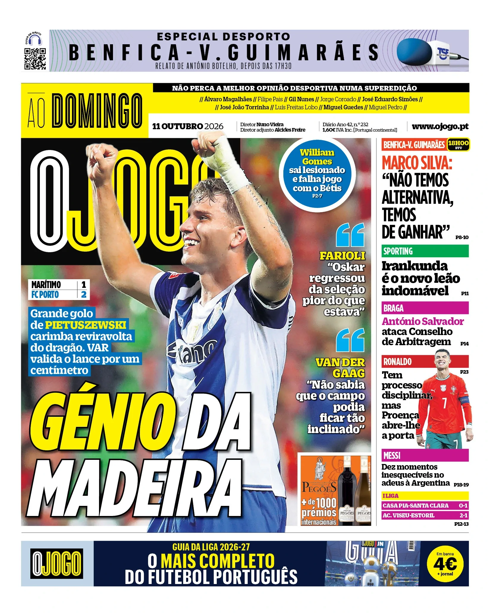 Capa do O Jogo de domingo, 11 de outubro de 2026