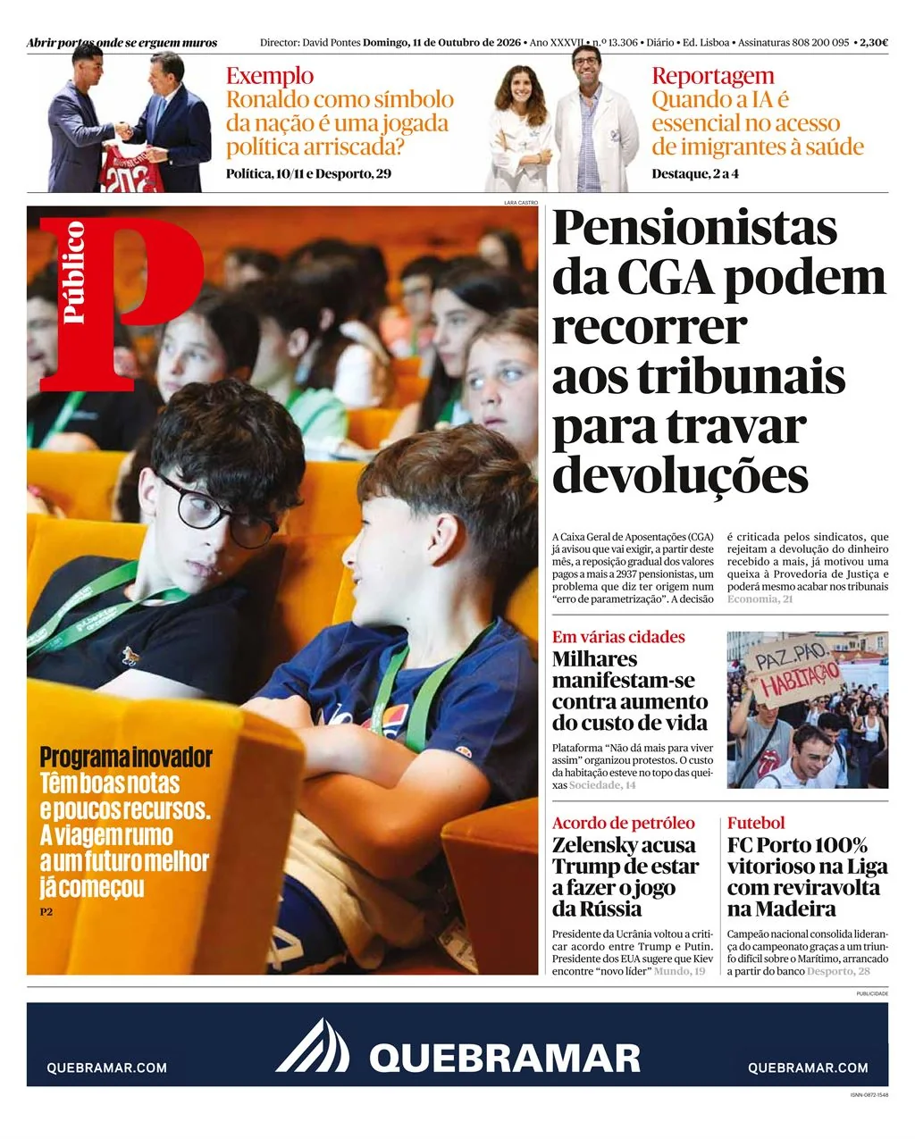 Capa do Público de domingo, 11 de outubro de 2026