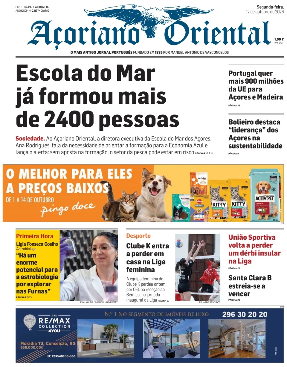 Capa do Açoriano Oriental de segunda-feira, 12 de outubro de 2026