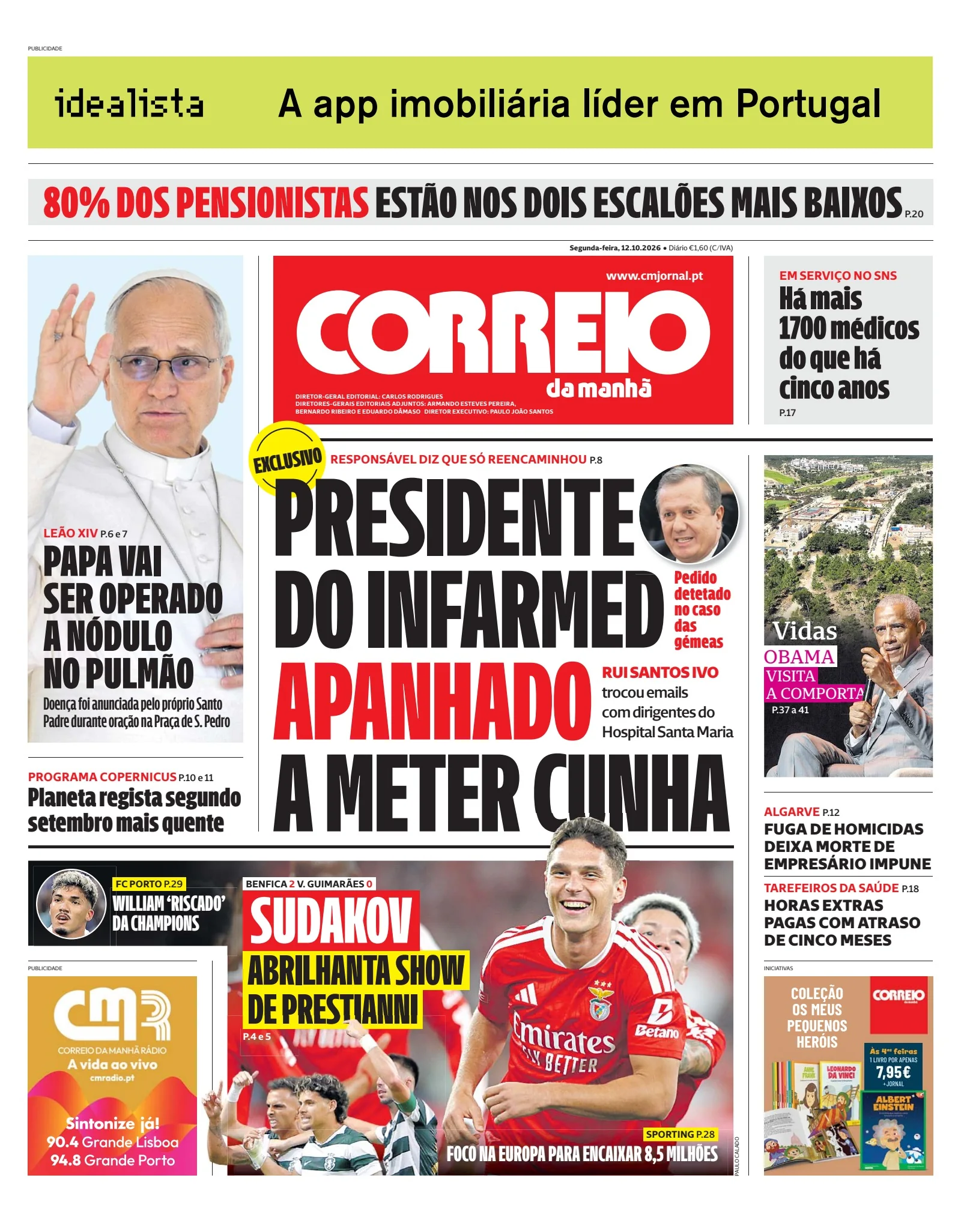 Capa do Correio da Manhã de segunda-feira, 12 de outubro de 2026