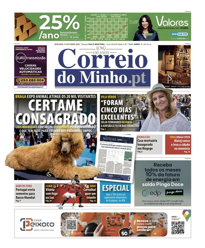 Capa do Correio do Minho de segunda-feira, 12 de outubro de 2026