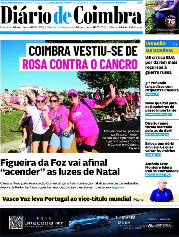 Capa do Diário de Coimbra de segunda-feira, 12 de outubro de 2026