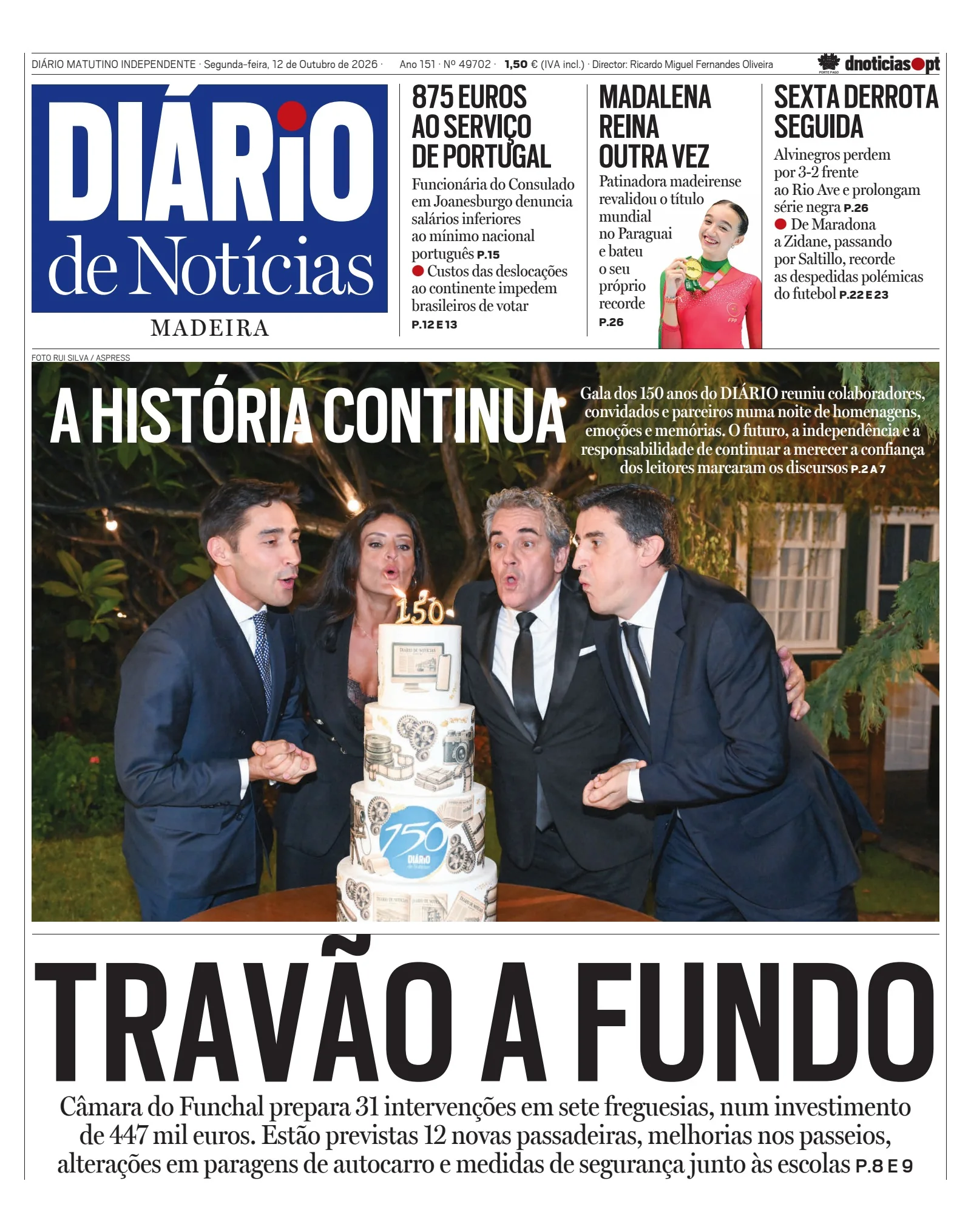Capa do Diário de Notícias da Madeira de segunda-feira, 12 de outubro de 2026