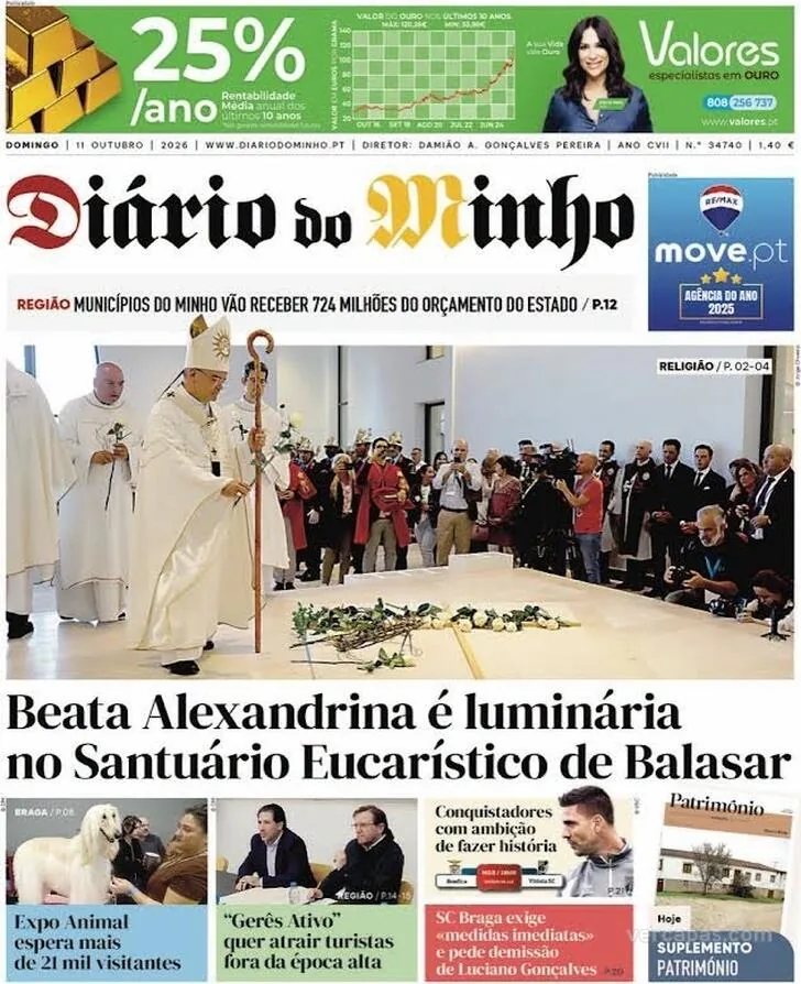 Capa do Diário do Minho de segunda-feira, 12 de outubro de 2026
