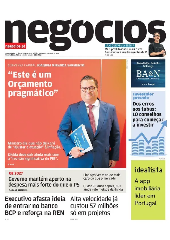 Capa do Jornal de Negócios de segunda-feira, 12 de outubro de 2026