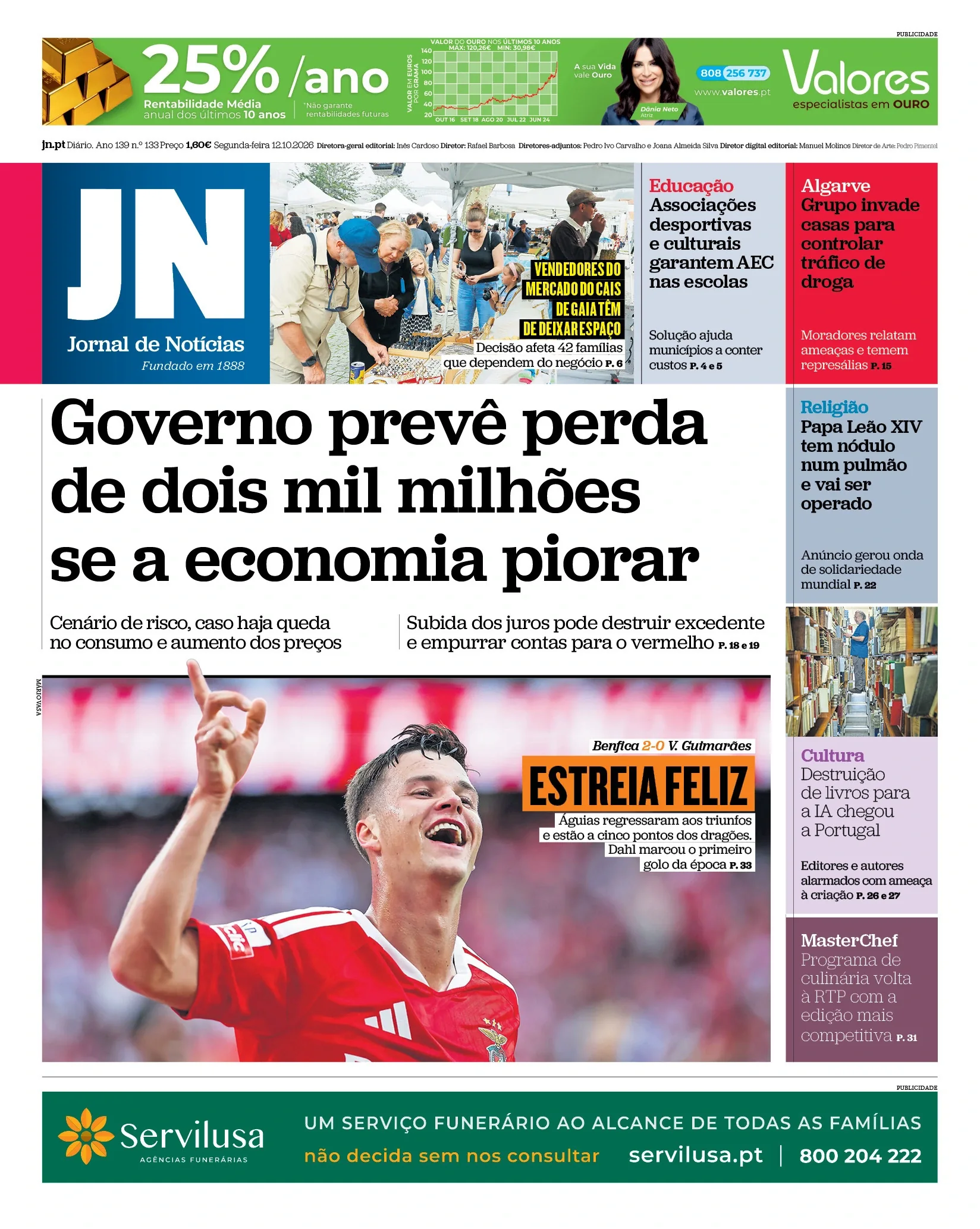 Capa do Jornal de Notícias de segunda-feira, 12 de outubro de 2026