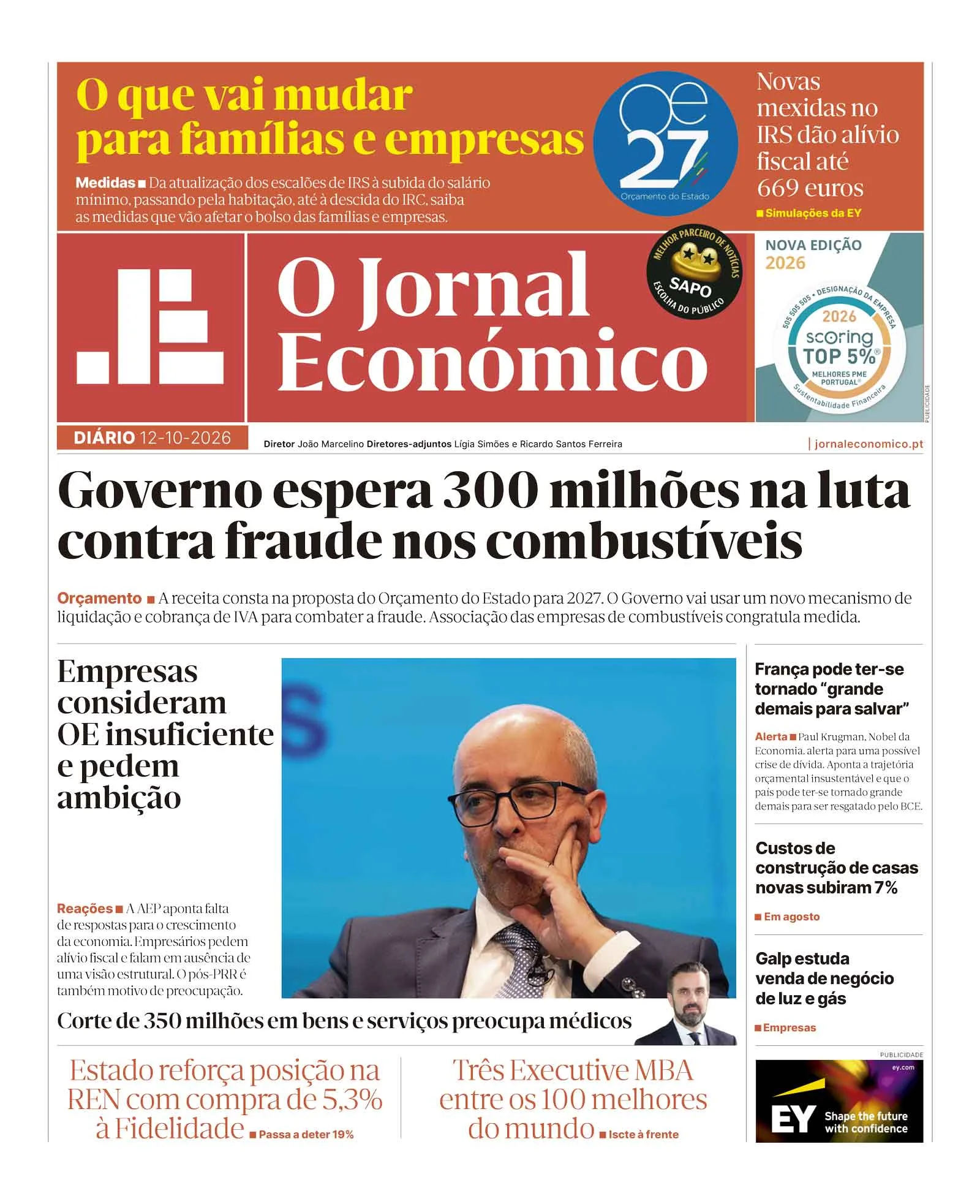 Capa do Jornal Económico de segunda-feira, 12 de outubro de 2026