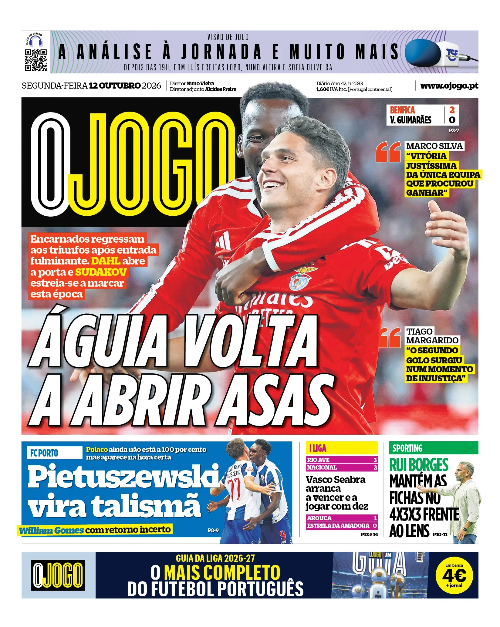 Capa do O Jogo de segunda-feira, 12 de outubro de 2026