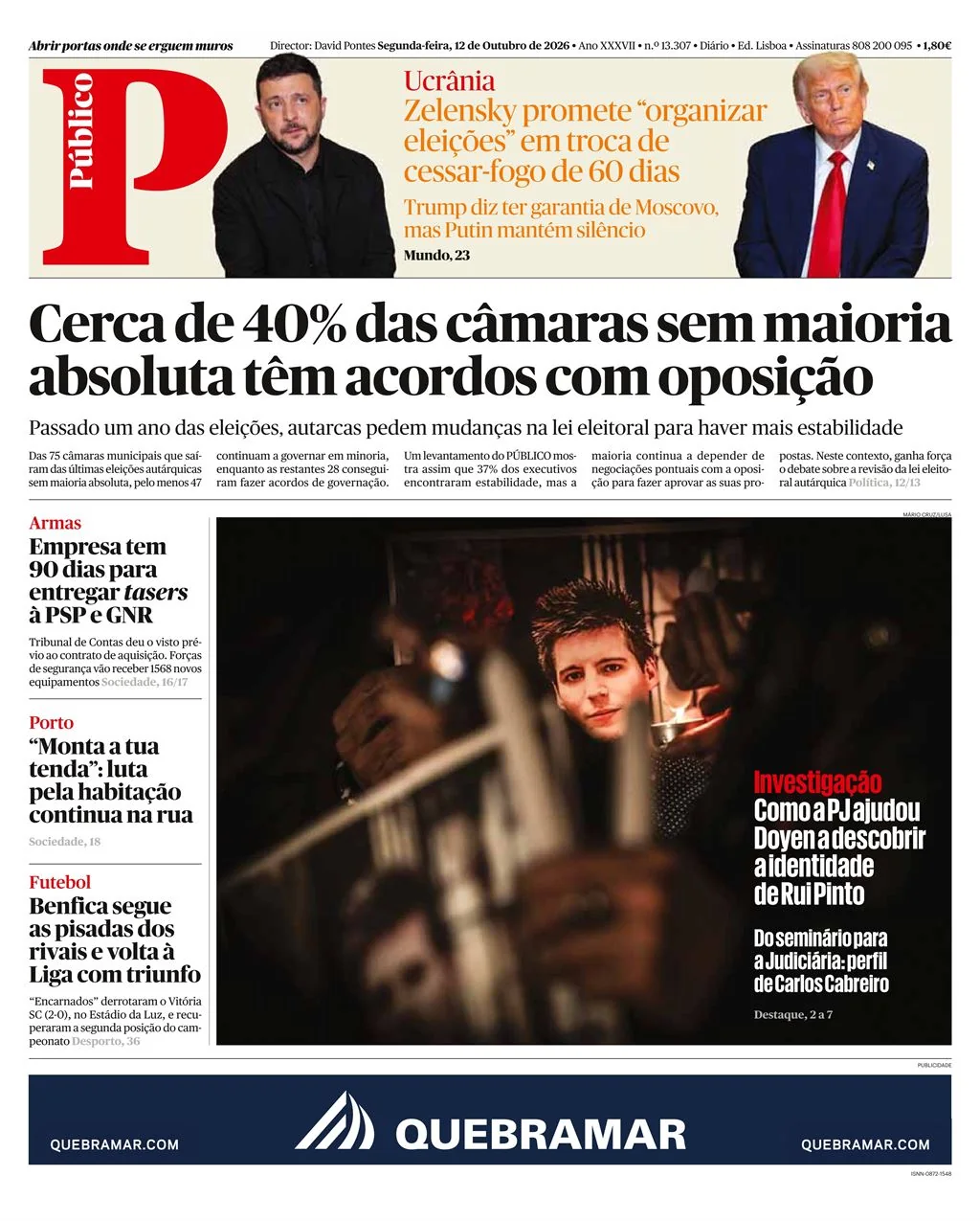 Capa do Público de segunda-feira, 12 de outubro de 2026