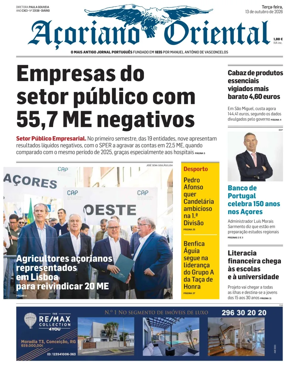Capa do Açoriano Oriental de terça-feira, 13 de outubro de 2026