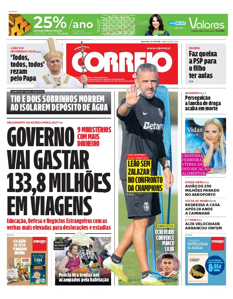 Capa do Correio da Manhã de terça-feira, 13 de outubro de 2026