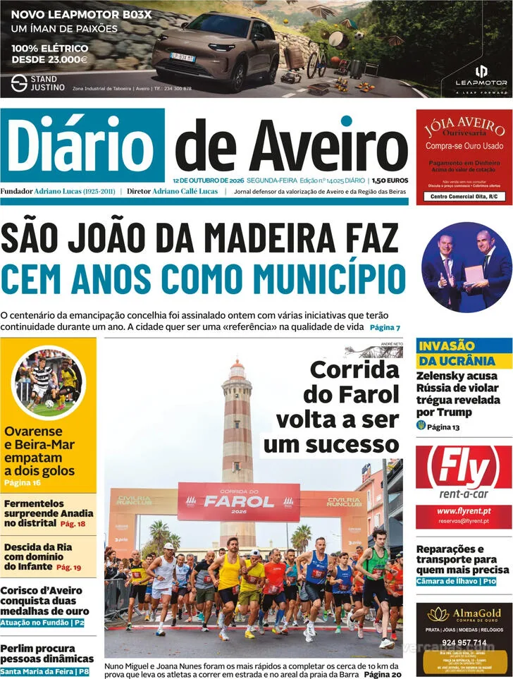 Capa do Diário de Aveiro de terça-feira, 13 de outubro de 2026