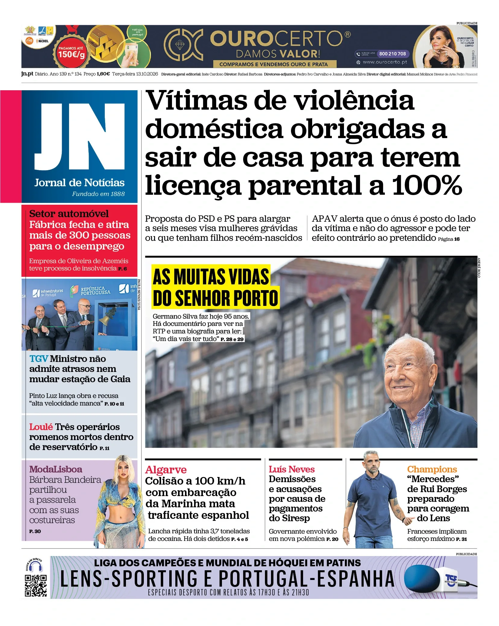 Capa do Jornal de Notícias de terça-feira, 13 de outubro de 2026