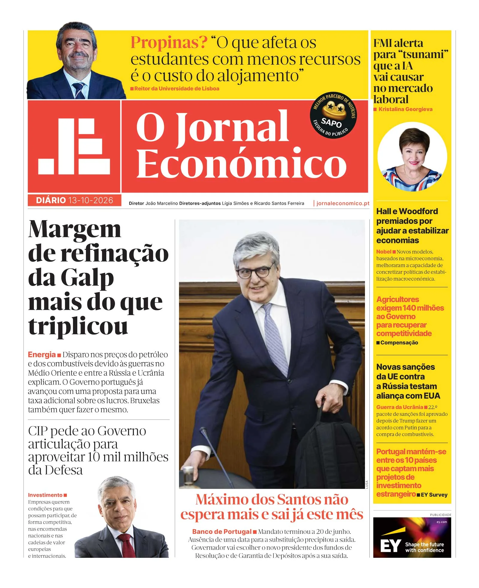 Capa do Jornal Económico de terça-feira, 13 de outubro de 2026