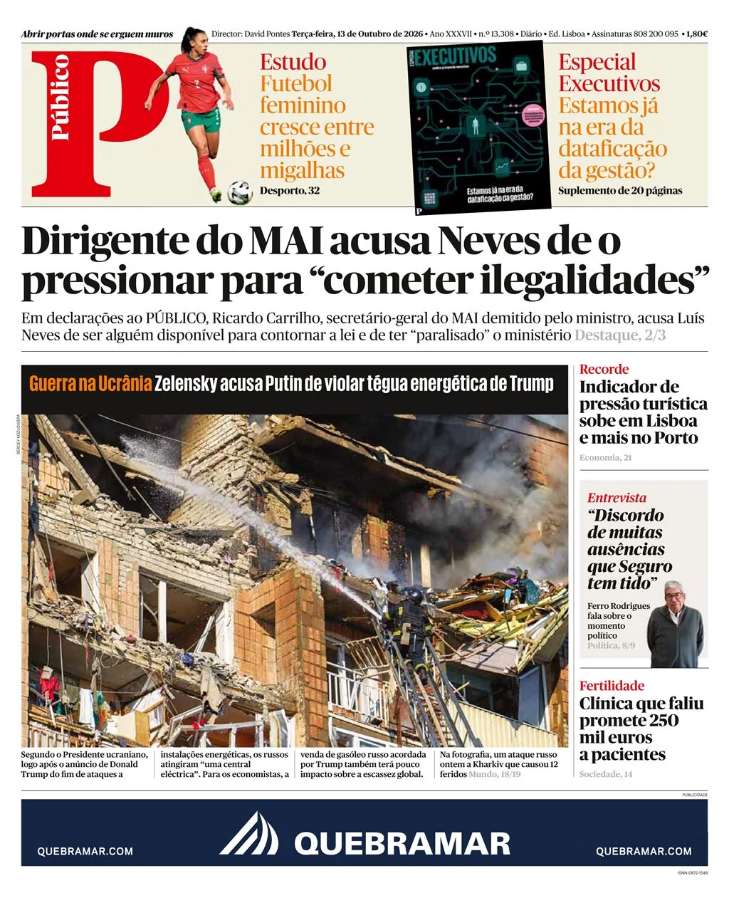 Capa do Público de terça-feira, 13 de outubro de 2026