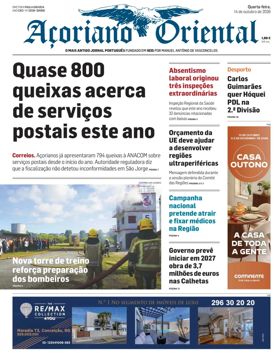 Capa do Açoriano Oriental de quarta-feira, 14 de outubro de 2026