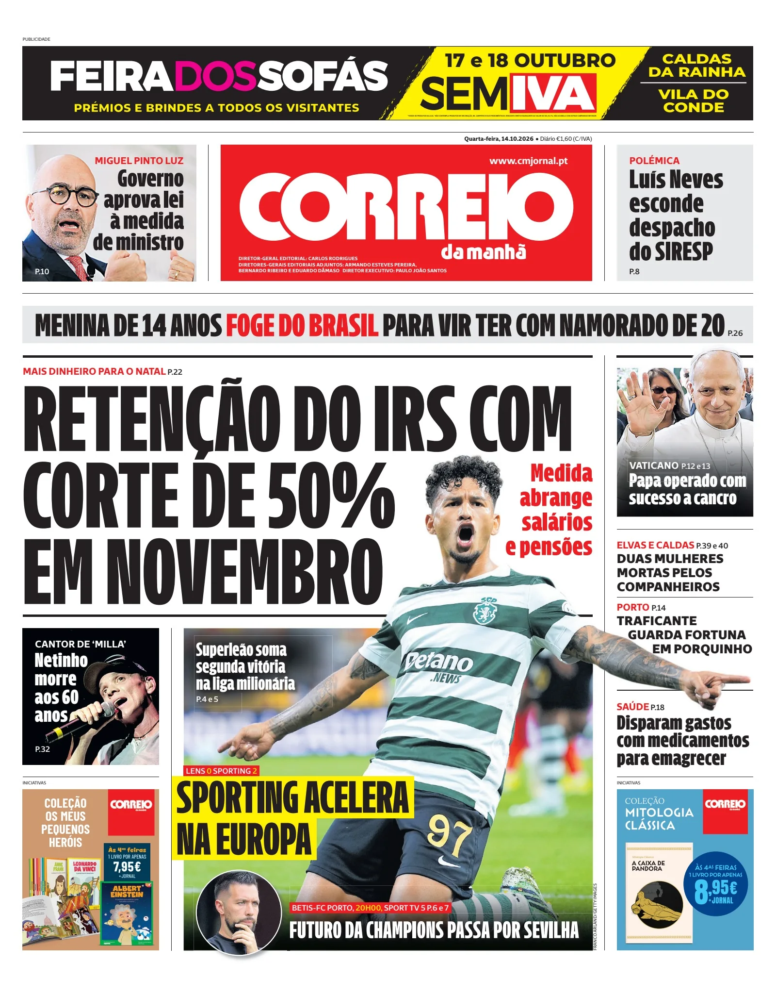 Capa do Correio da Manhã de quarta-feira, 14 de outubro de 2026