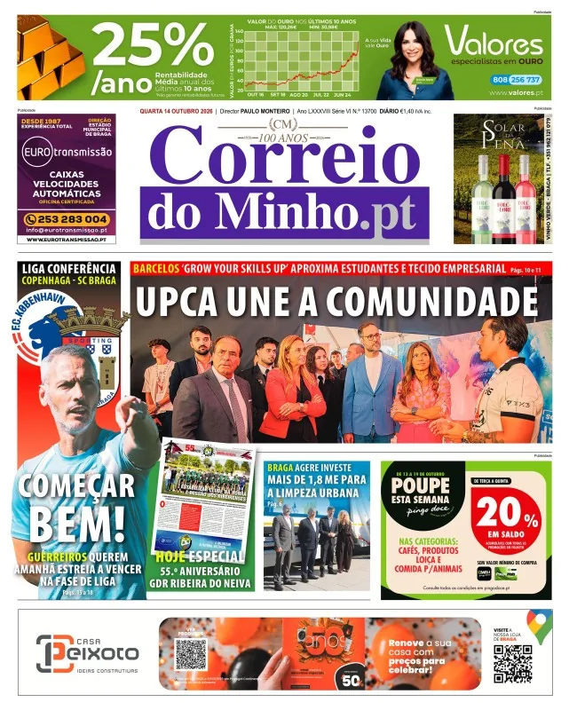 Capa do Correio do Minho de quarta-feira, 14 de outubro de 2026