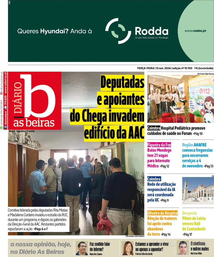 Capa do Diário As Beiras de quarta-feira, 14 de outubro de 2026