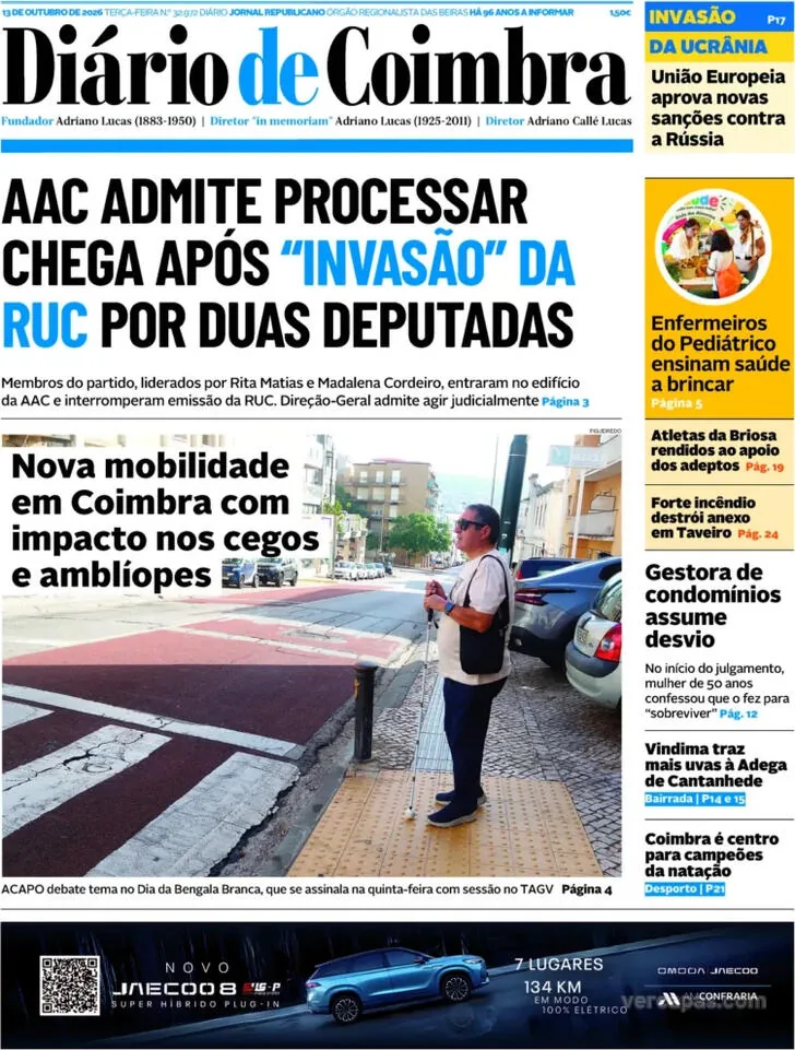 Capa do Diário de Coimbra de quarta-feira, 14 de outubro de 2026