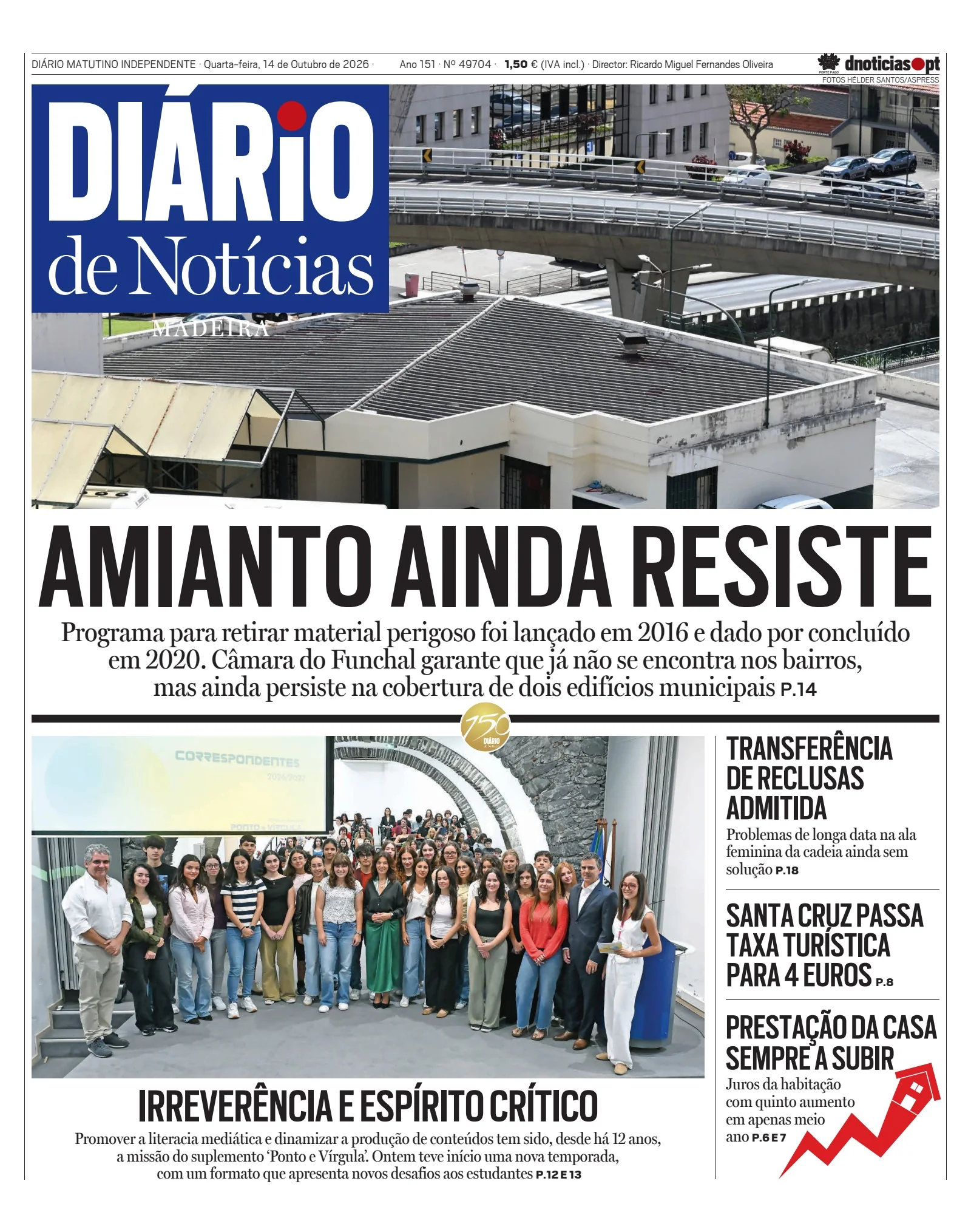 Capa do Diário de Notícias da Madeira de quarta-feira, 14 de outubro de 2026